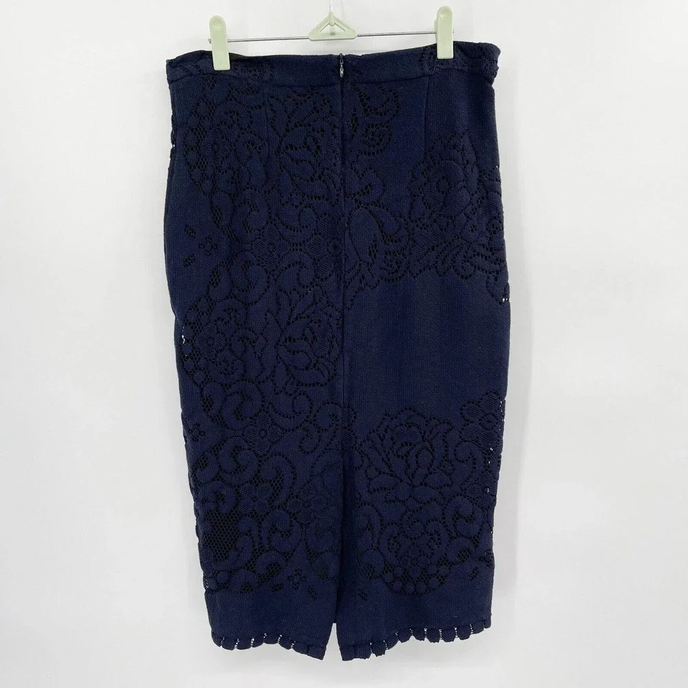 A.L.C. Lucas‎ Pencil Skirt Floral Lace Navy Blue Size 10 Lined Cotton Stretch